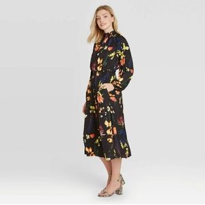 Long Sleeve Floral Print Peasant Style Midi Dress Size L